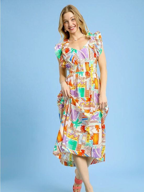 Umgee Dresses & Skirts - Umgee Tropical Patchwork Ruffle Midi Dress